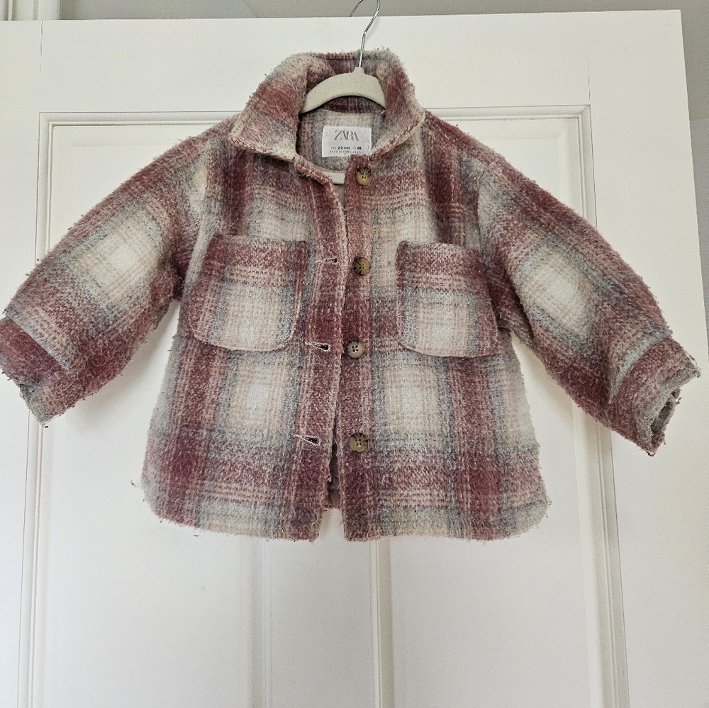 Zara Kids Pink and Cream Plaid Shirt Jacket